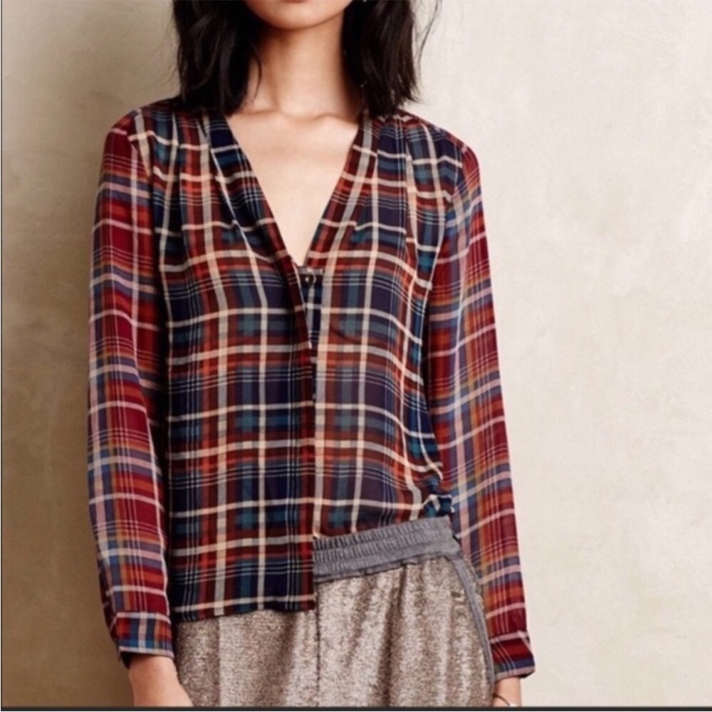 Maeve by Anthropologie Plaid V-Neck Blouse